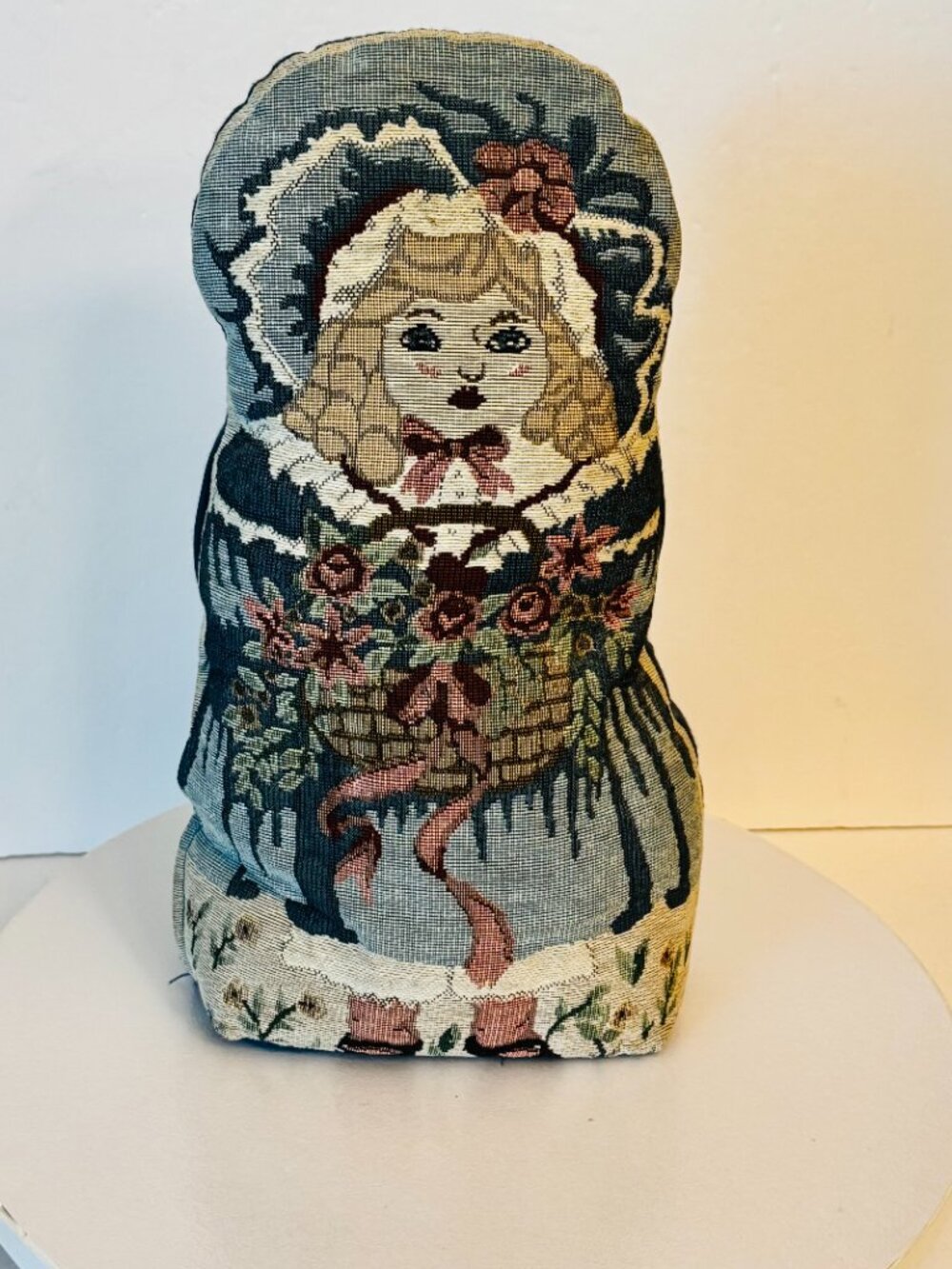 Tapestry Door Stop Weighted 13" Victorian Woman Basket of Roses